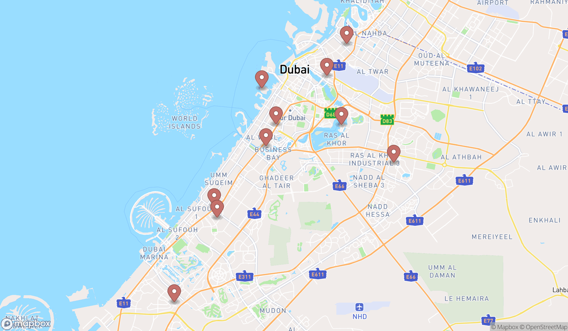 Map showing the ranked eyelash salons in Dubai, Dubai
