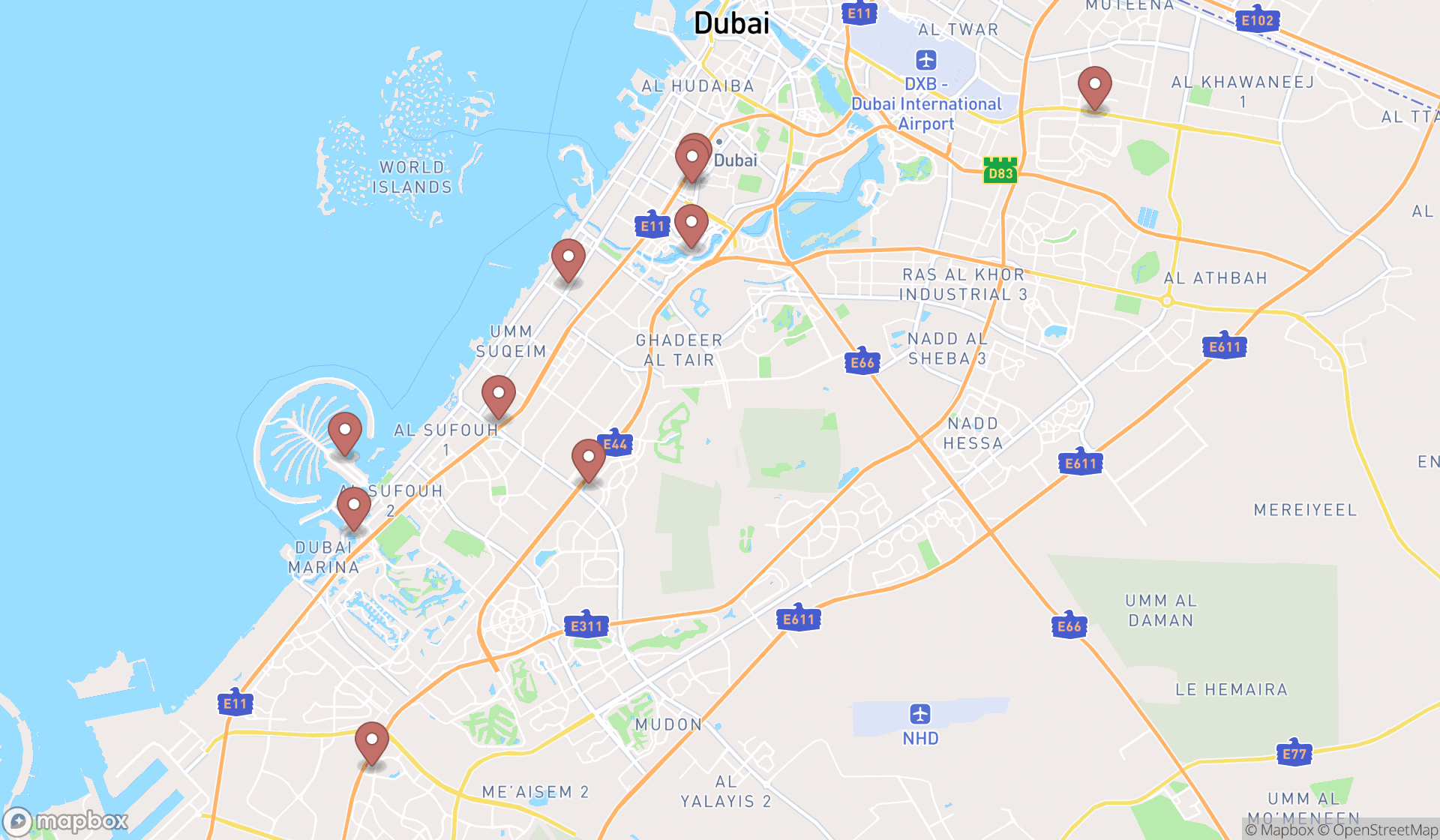 Map showing the ranked facial spas in Dubai, Dubai