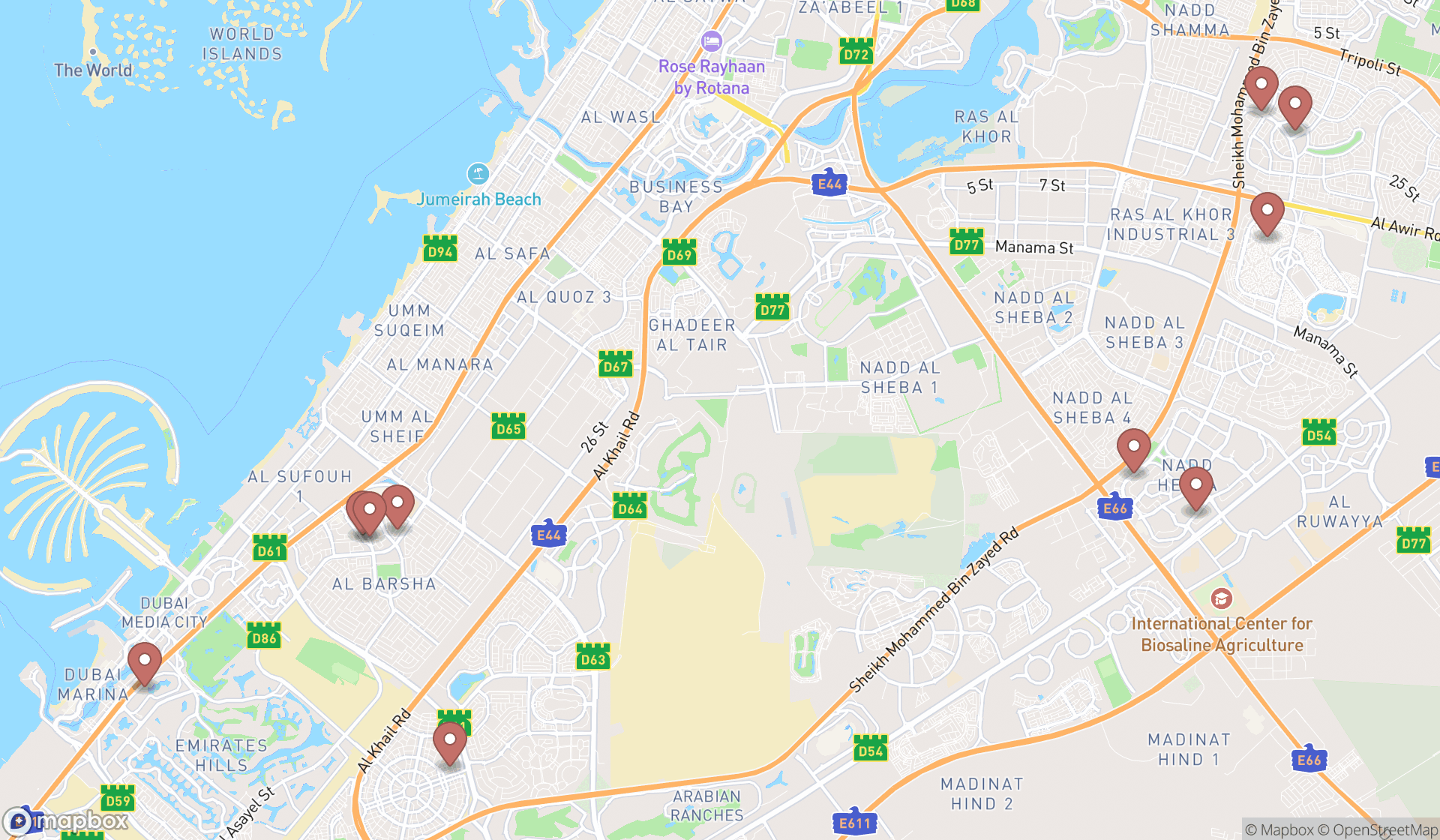 Map showing the ranked falafel restaurants in Dubai, Dubai