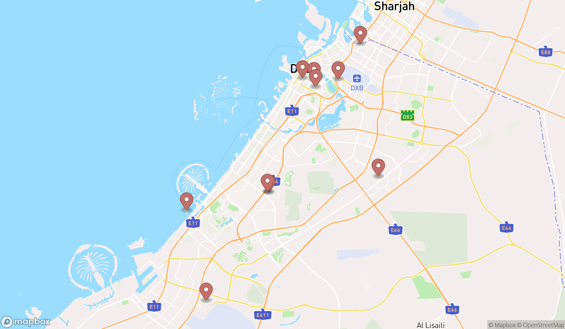 Map showing the ranked family restaurants in Dubai, Dubai