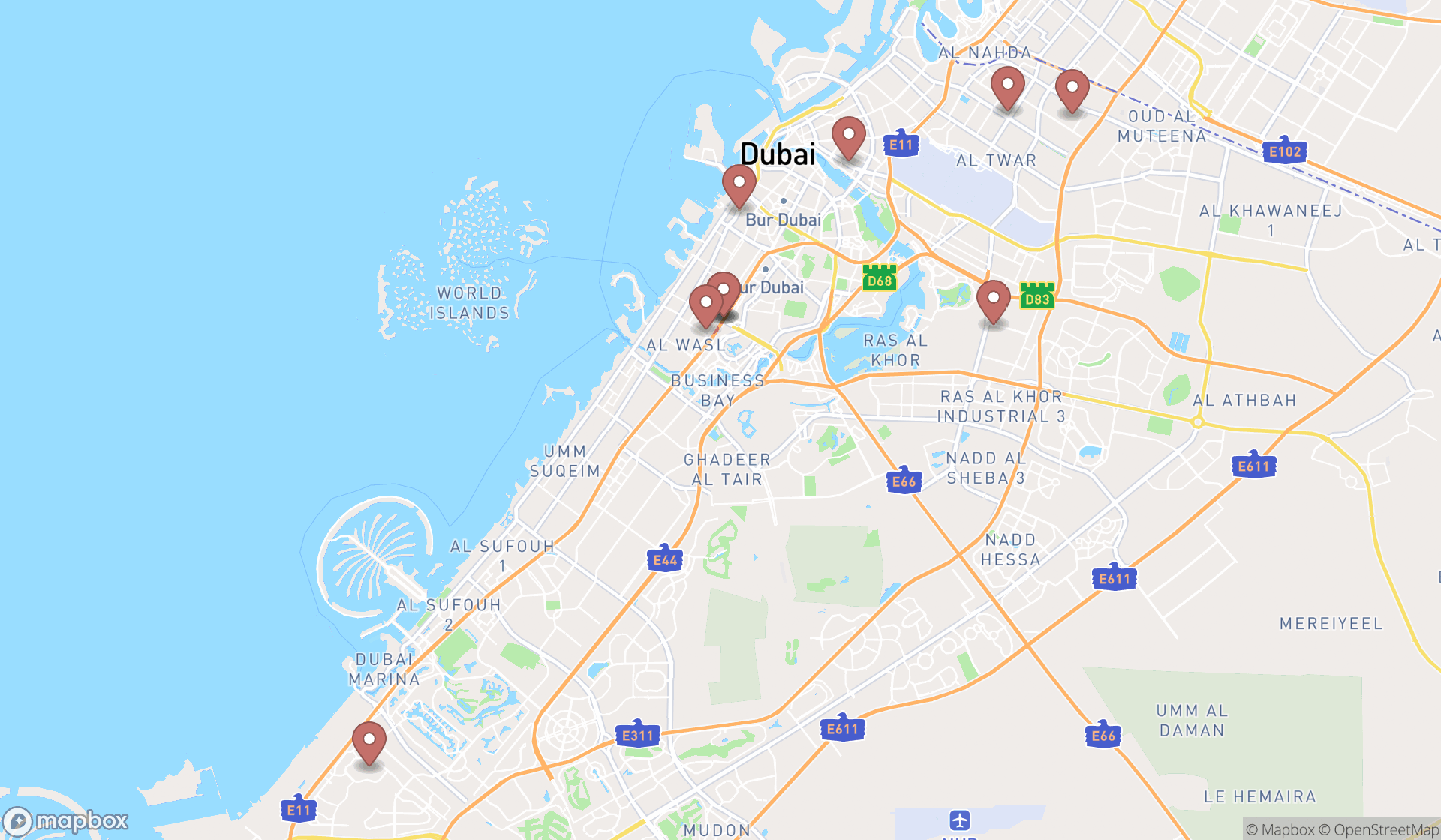 Map showing the ranked family service centers in Dubai, Dubai