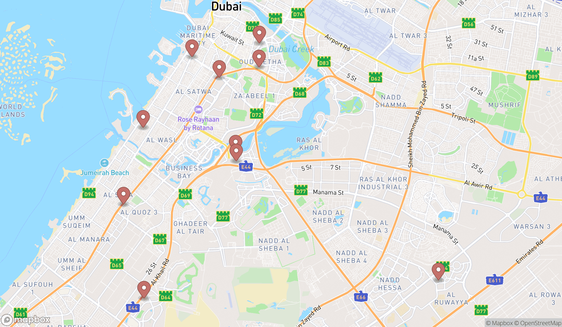 Map showing the ranked fashion design schools in Dubai, Dubai