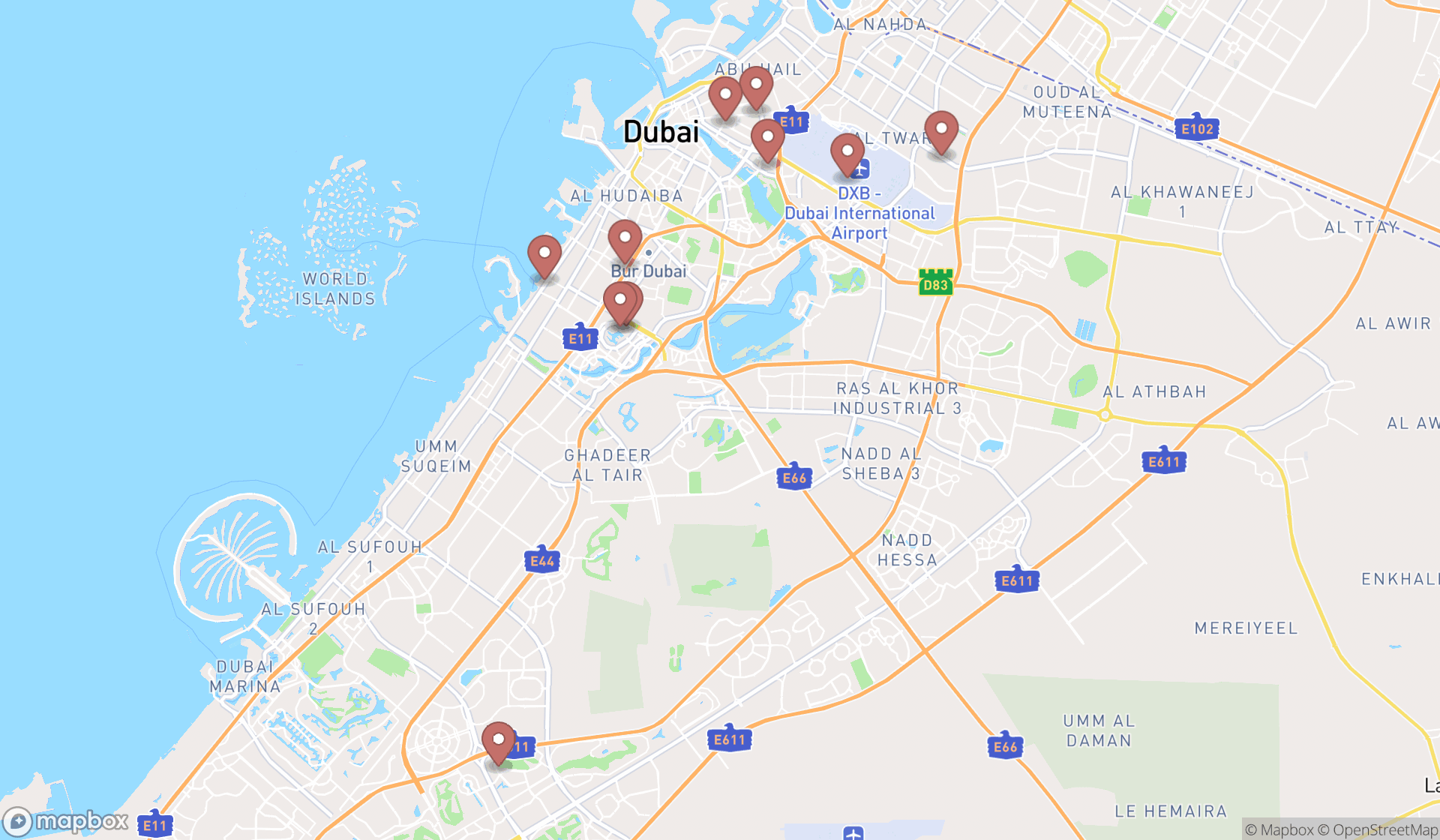 Map showing the ranked fast food restaurants in Dubai, Dubai