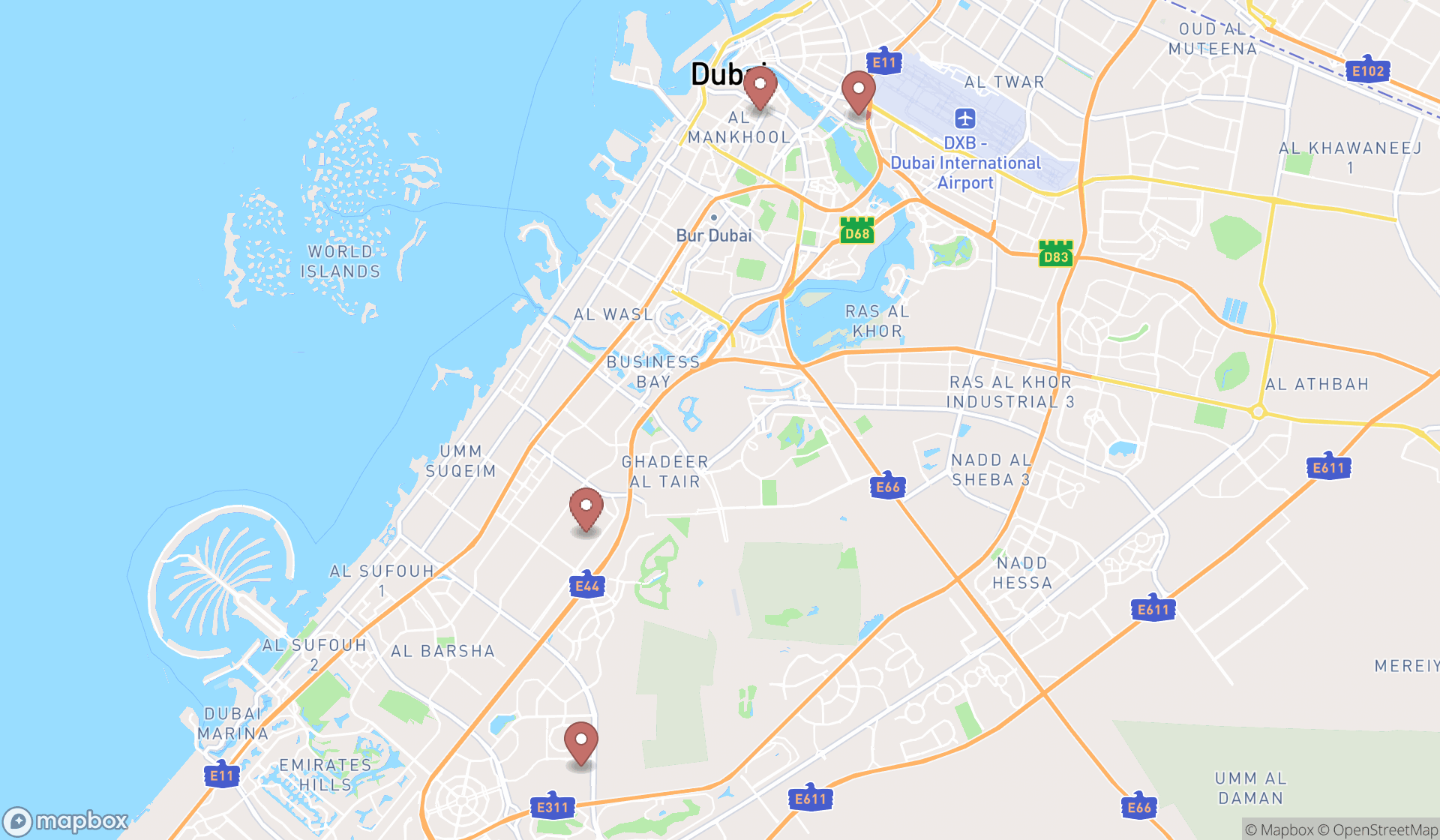 Map showing the ranked feng shui shops in Dubai, Dubai