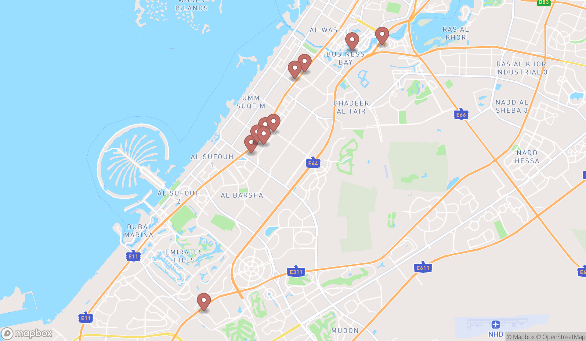Map showing the ranked ferrari dealers in Dubai, Dubai