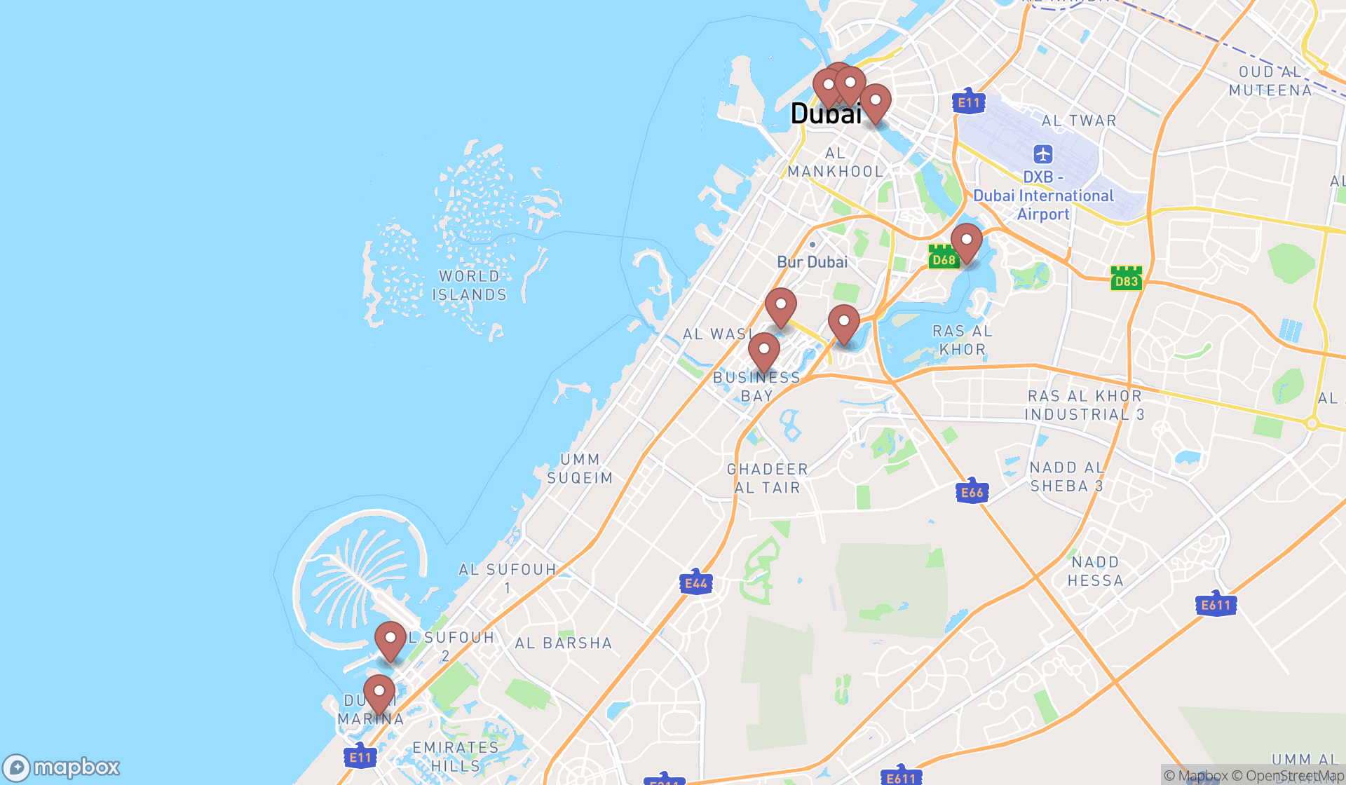 Map showing the ranked ferry services in Dubai, Dubai