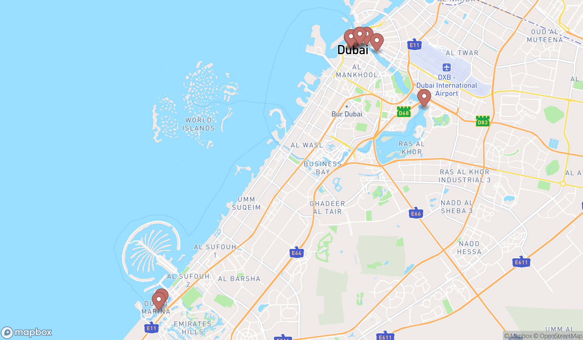 Map showing the ranked ferry terminals in Dubai, Dubai