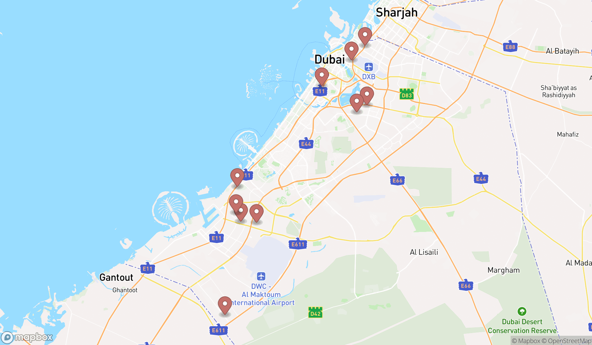 Map showing the ranked fiberglass suppliers in Dubai, Dubai