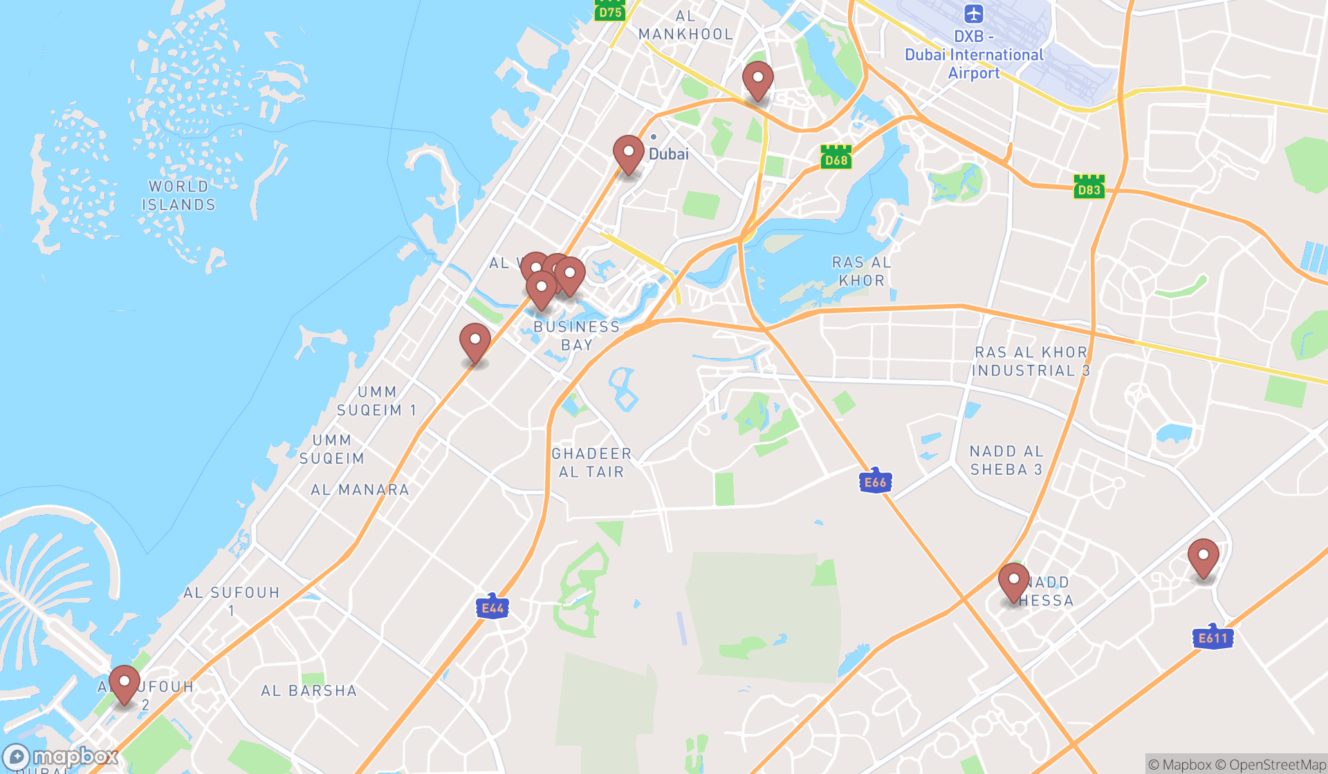 Map showing the ranked financial institutions in Dubai, Dubai
