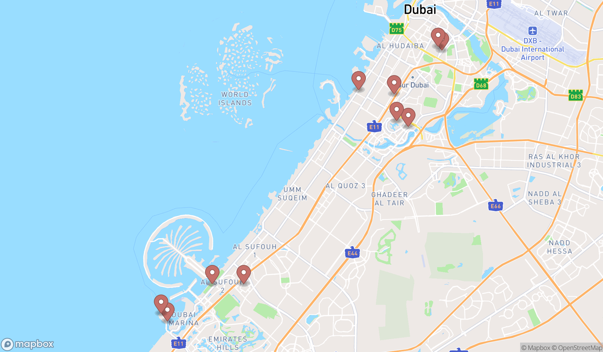 Map showing the ranked fine dining restaurants in Dubai, Dubai