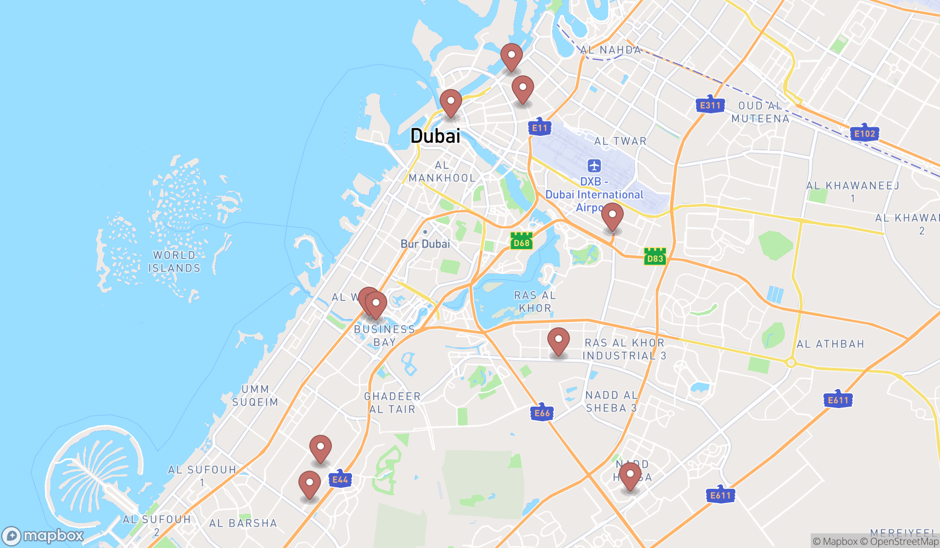 Map showing the ranked finishing materials suppliers in Dubai, Dubai