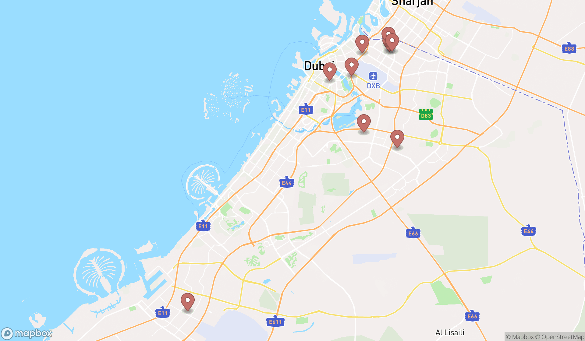 Map showing the ranked fire department equipment suppliers in Dubai, Dubai