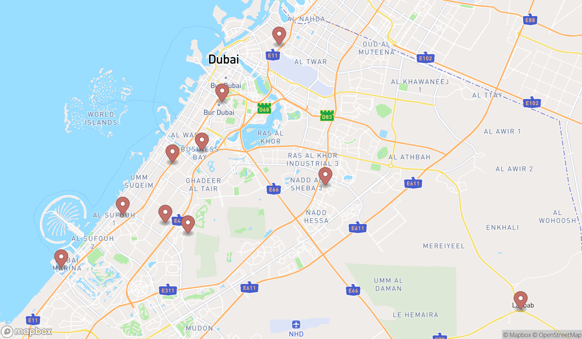 Map showing the ranked first aid stations in Dubai, Dubai