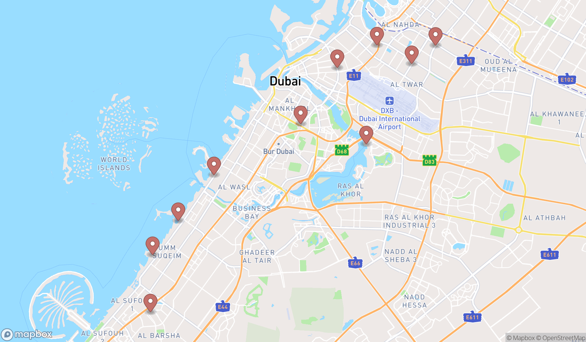 Map showing the ranked fish restaurants in Dubai, Dubai
