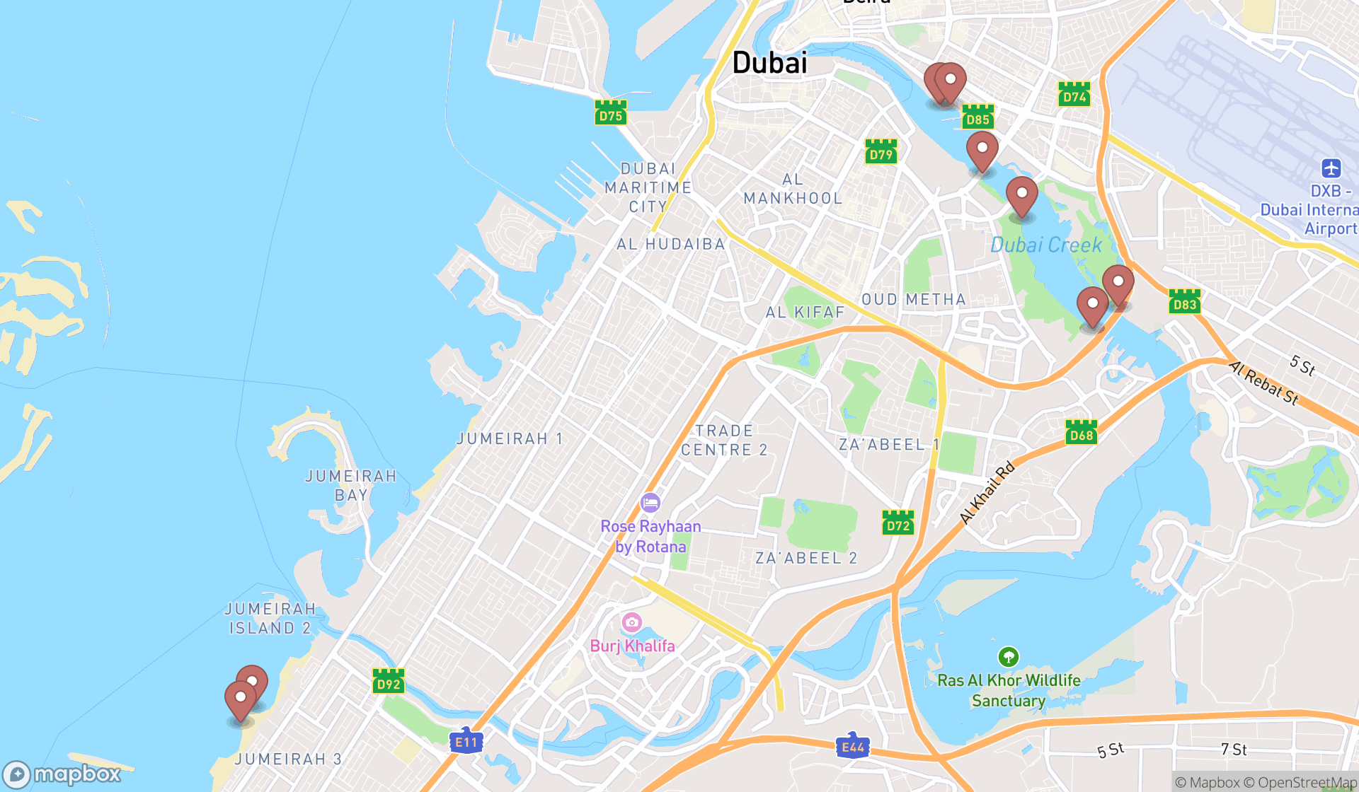 Map showing the ranked fishing piers in Dubai, Dubai
