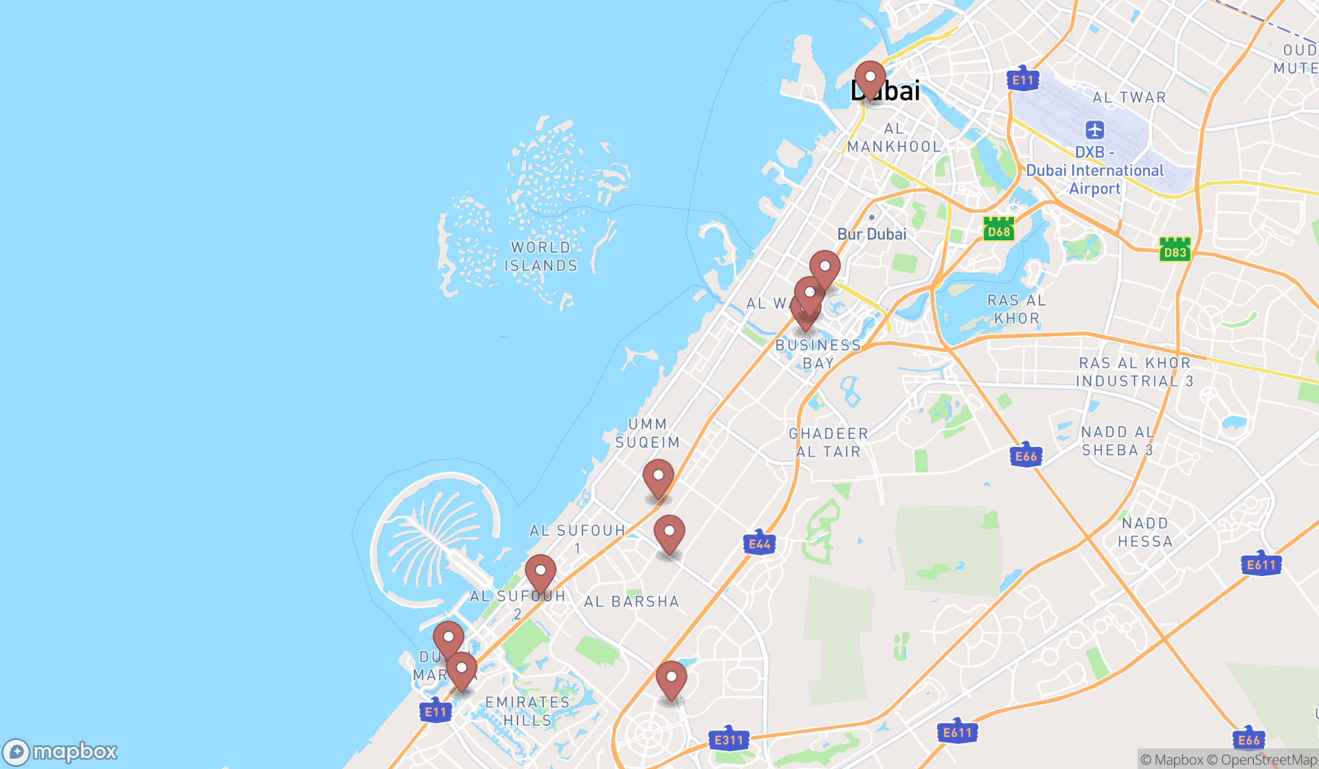 Map showing the ranked fitness centers in Dubai, Dubai