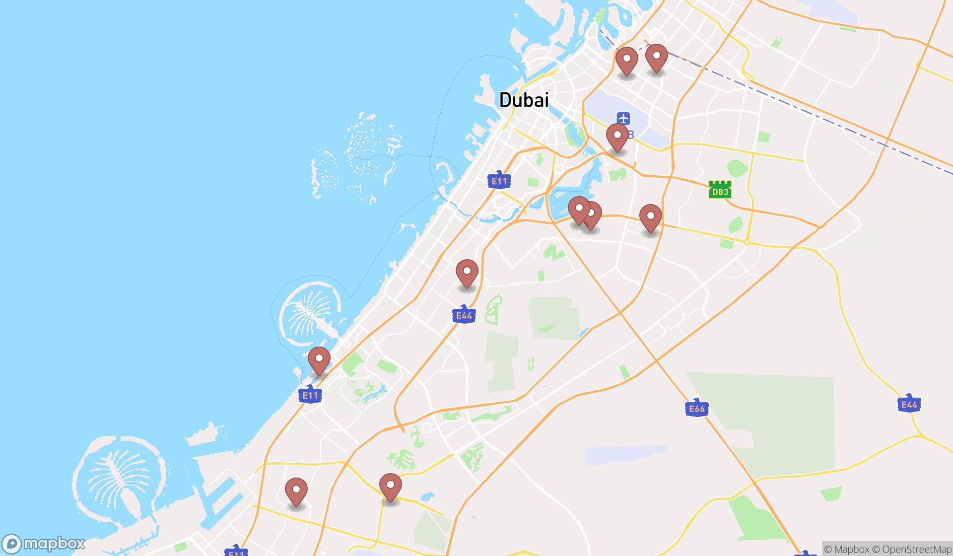 Map showing the ranked flag stores in Dubai, Dubai