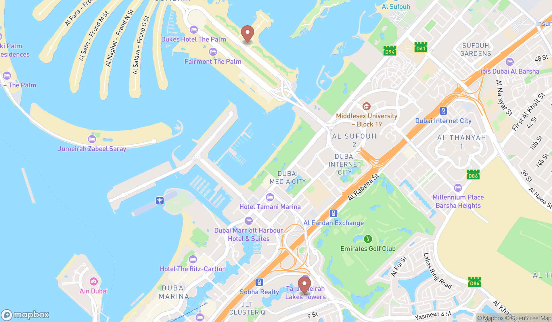 Map showing the ranked flat complexes in Dubai, Dubai