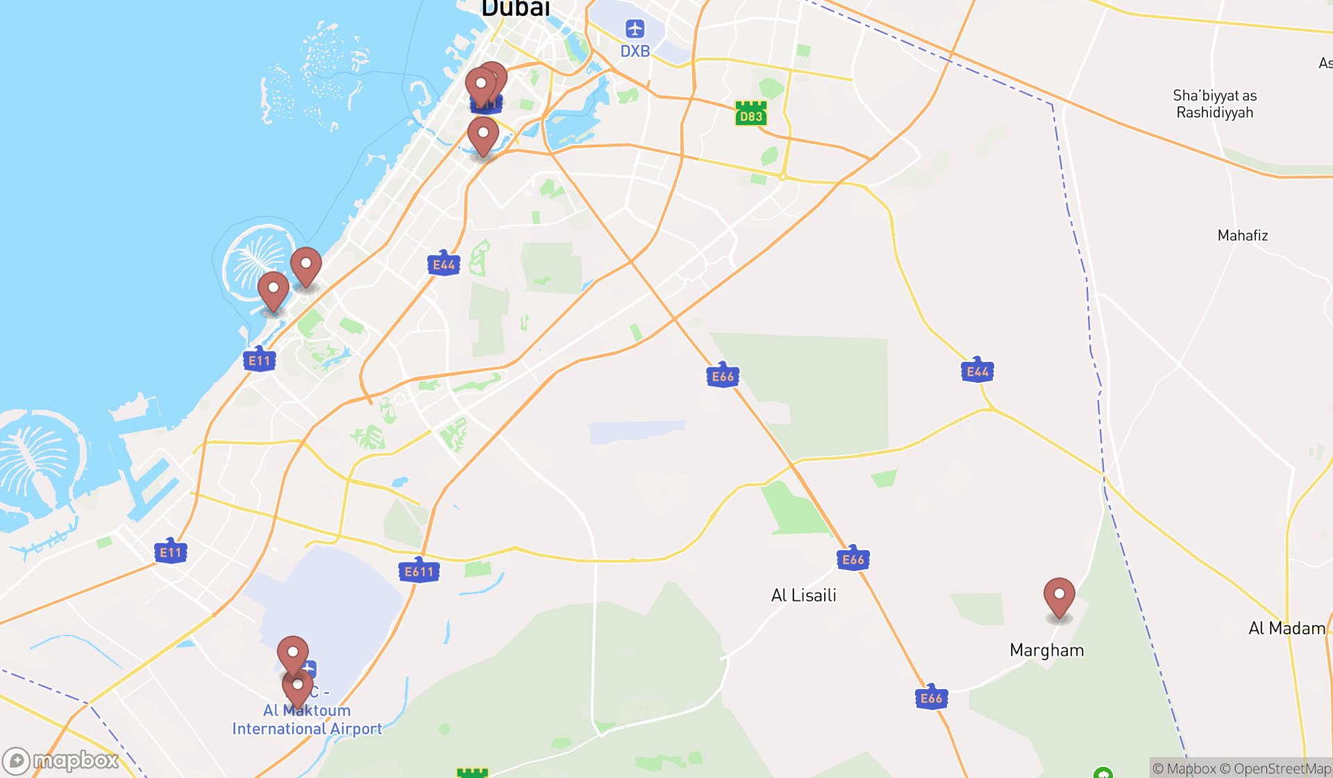 Map showing the ranked flight schools in Dubai, Dubai