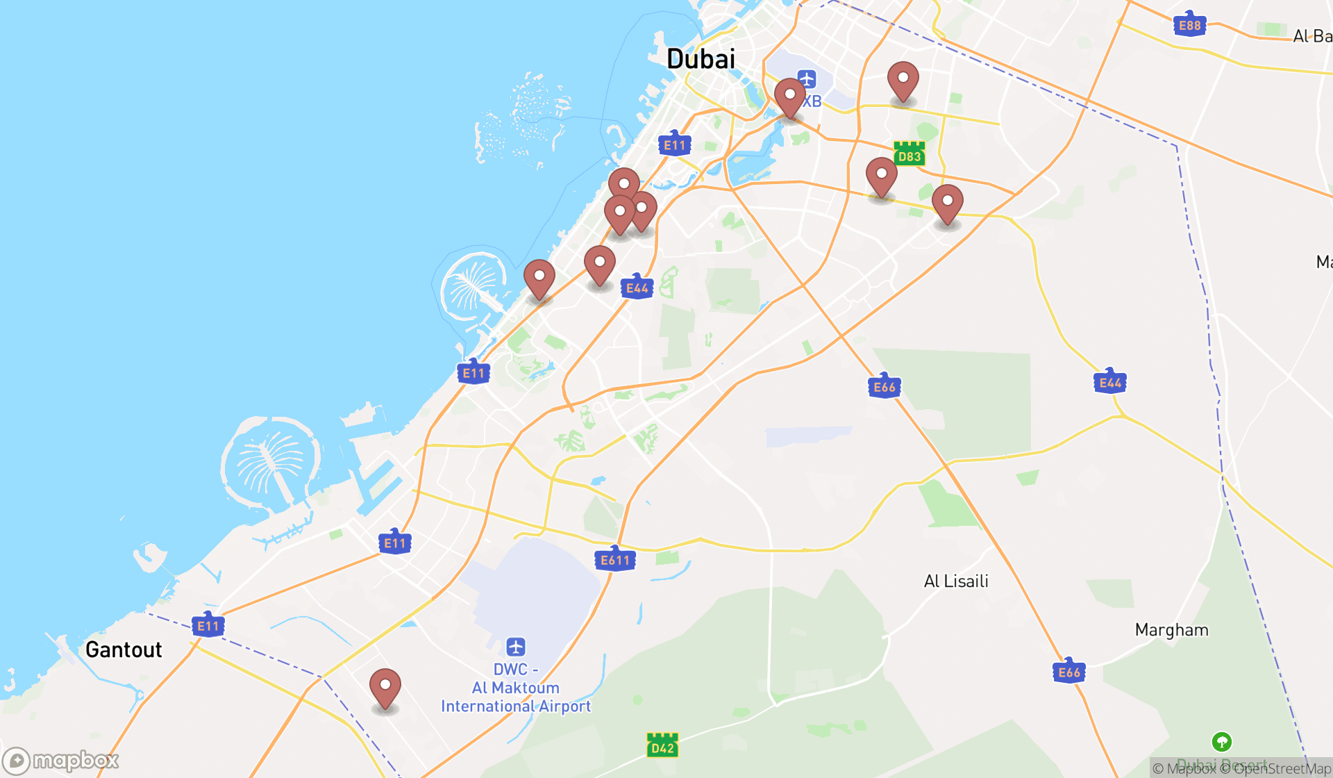 Map showing the ranked flooring stores in Dubai, Dubai
