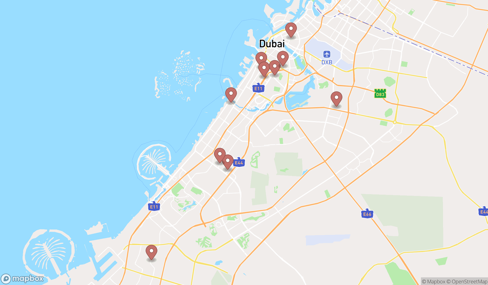 Map showing the ranked florists in Dubai, Dubai