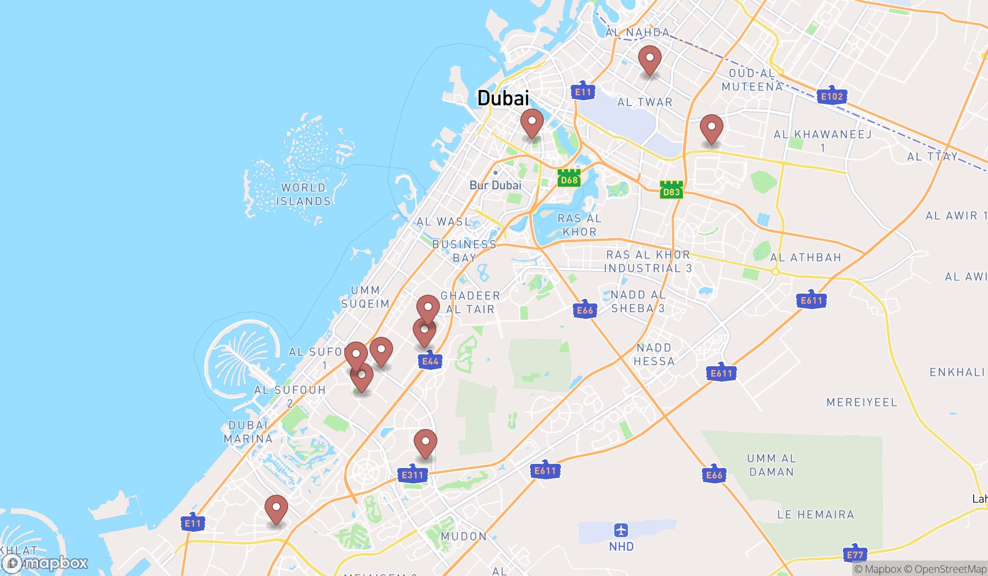 Map showing the ranked flower markets in Dubai, Dubai