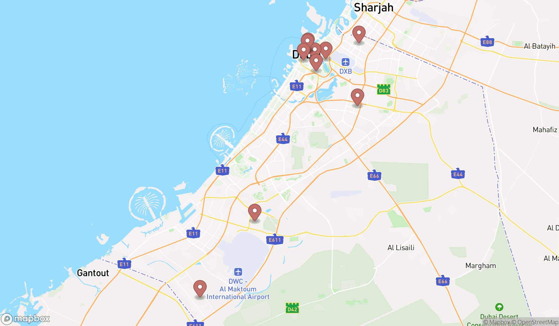 Map showing the ranked food and beverage exporters in Dubai, Dubai