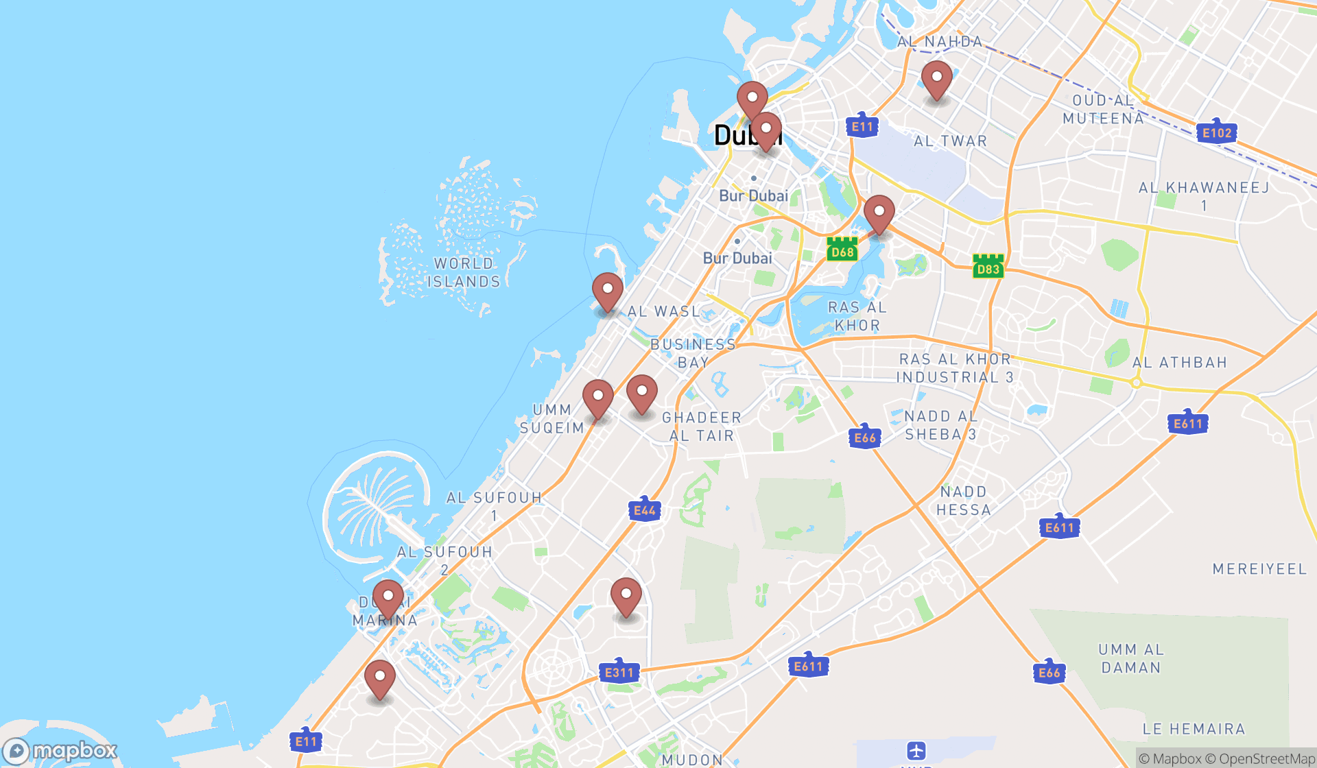 Map showing the ranked food and drinks in Dubai, Dubai