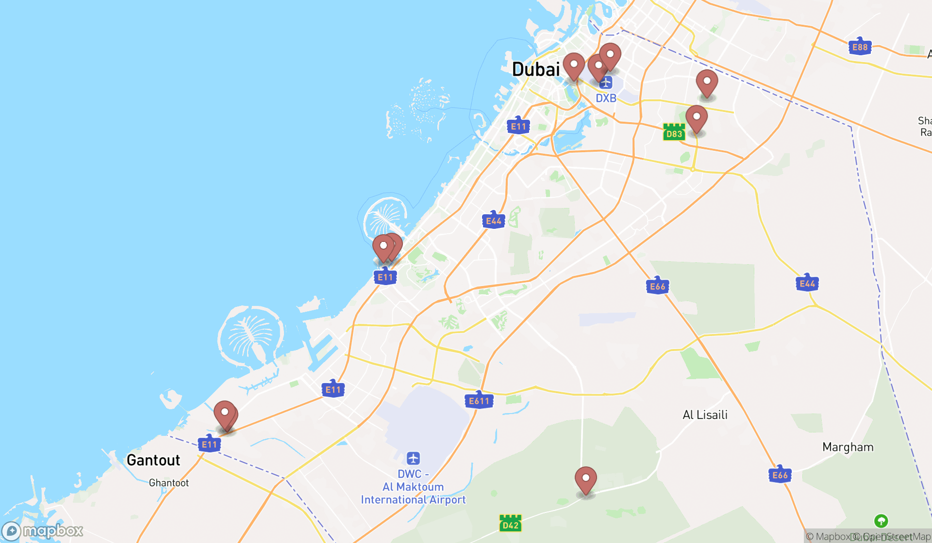 Map showing the ranked food courts in Dubai, Dubai