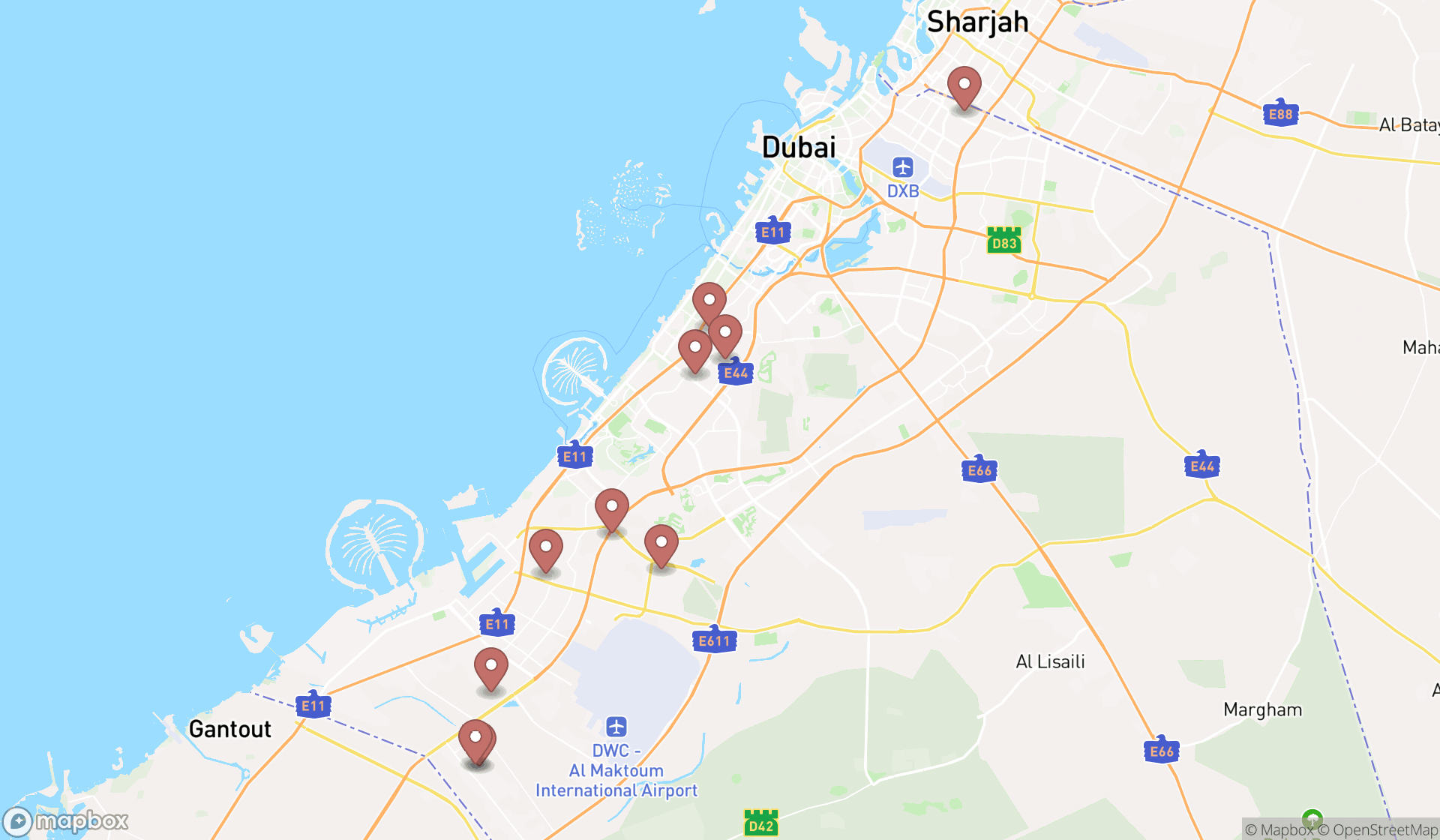 Map showing the ranked food manufacturers in Dubai, Dubai