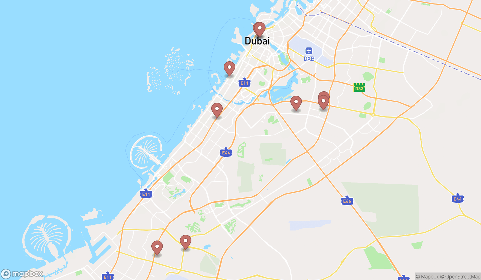 Map showing the ranked food stores in Dubai, Dubai