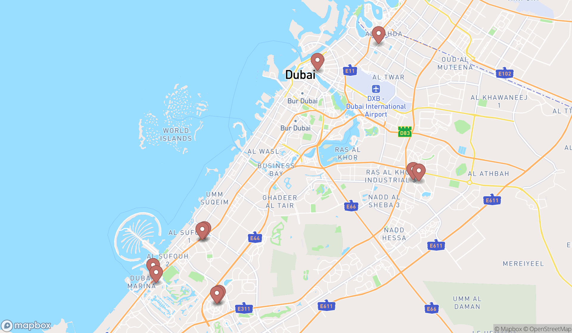 Map showing the ranked foot massage parlors in Dubai, Dubai