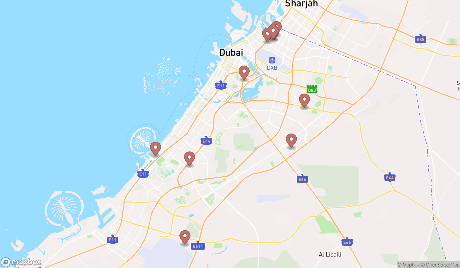 Map showing the ranked football clubs in Dubai, Dubai