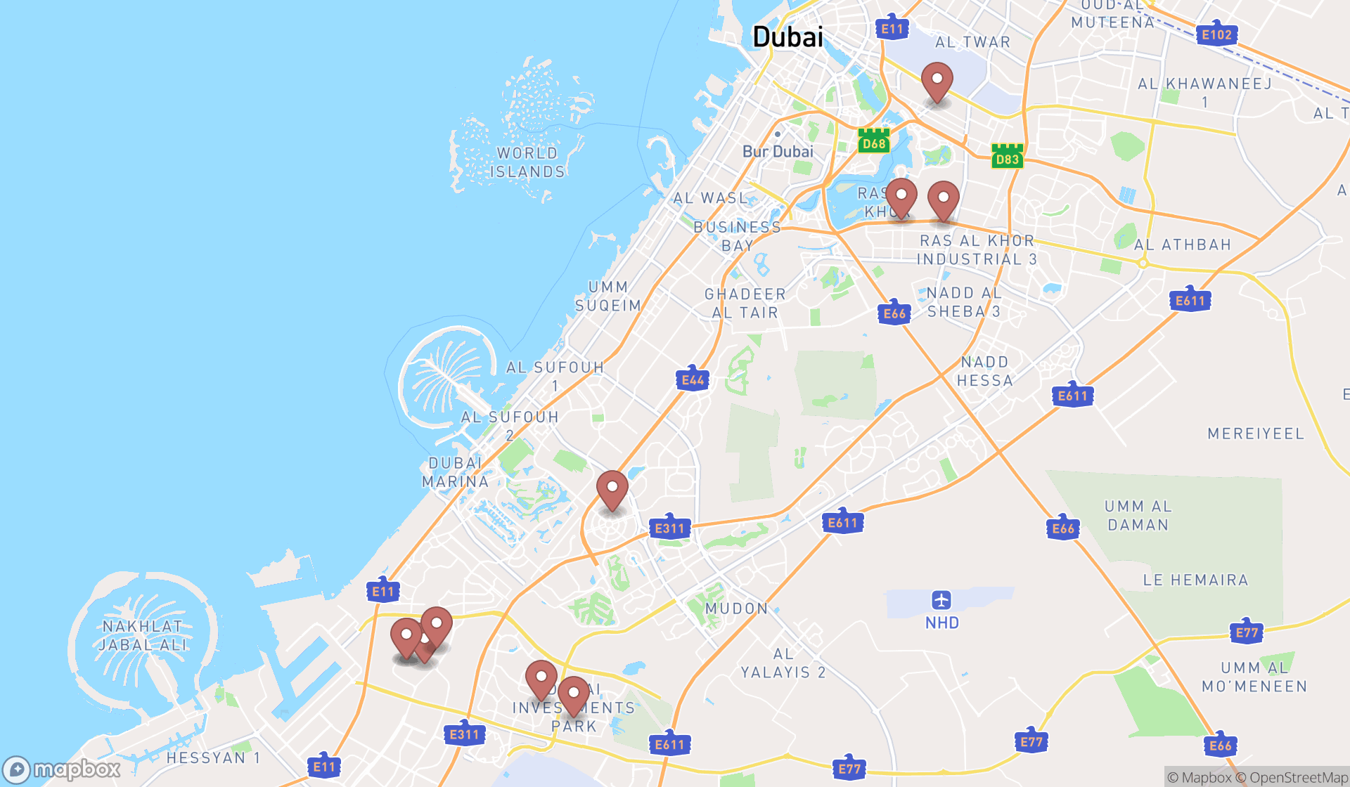 Map showing the ranked forklift dealers in Dubai, Dubai