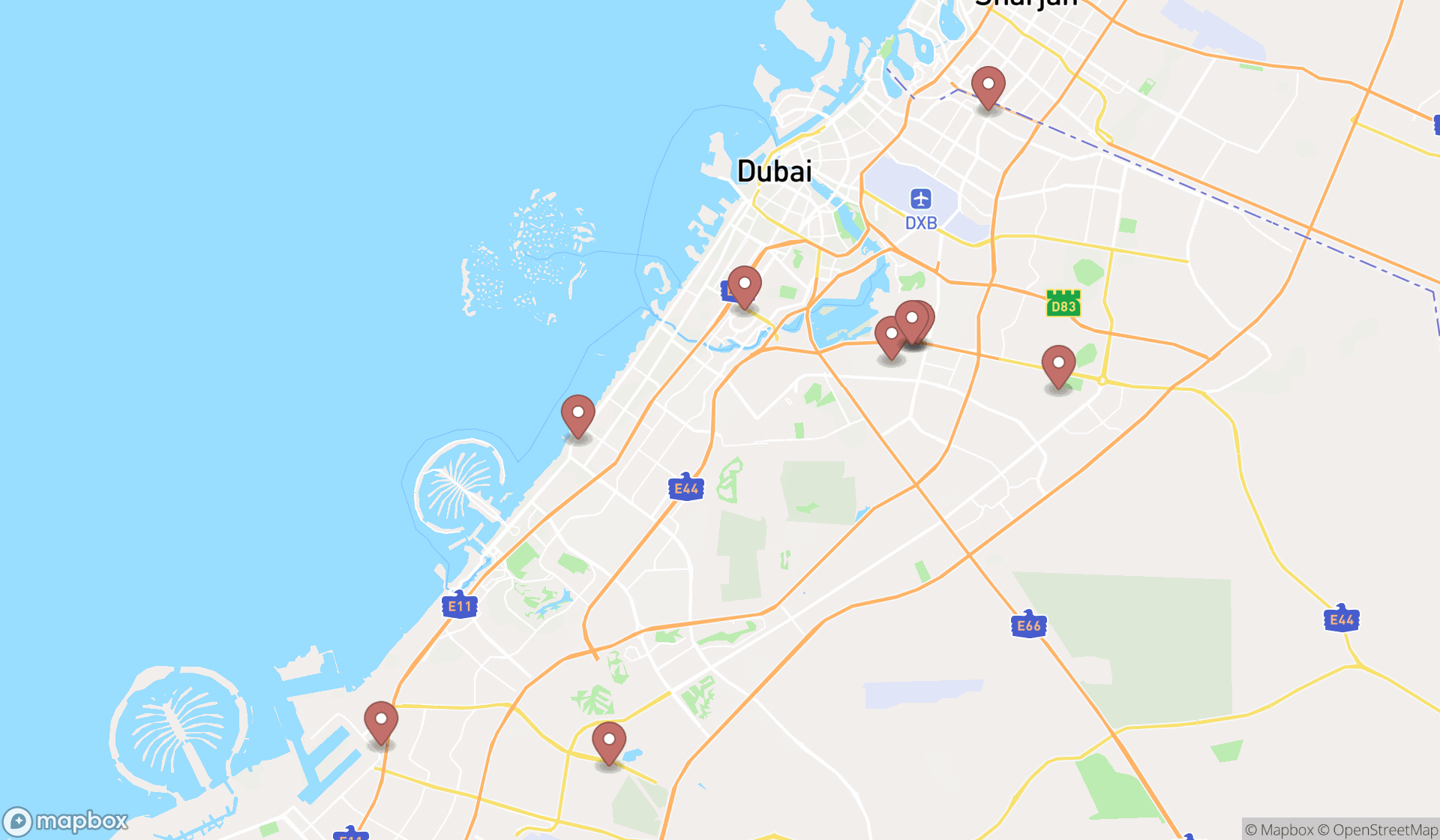 Map showing the ranked forklift rental services in Dubai, Dubai