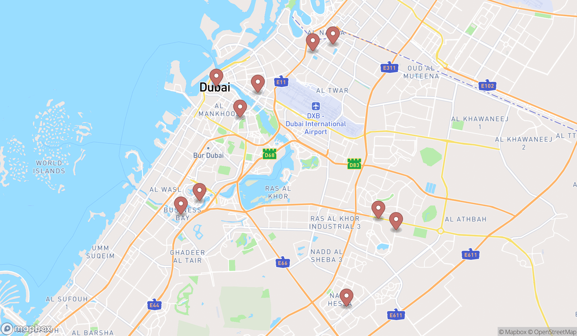 Map showing the ranked fountain contractors in Dubai, Dubai