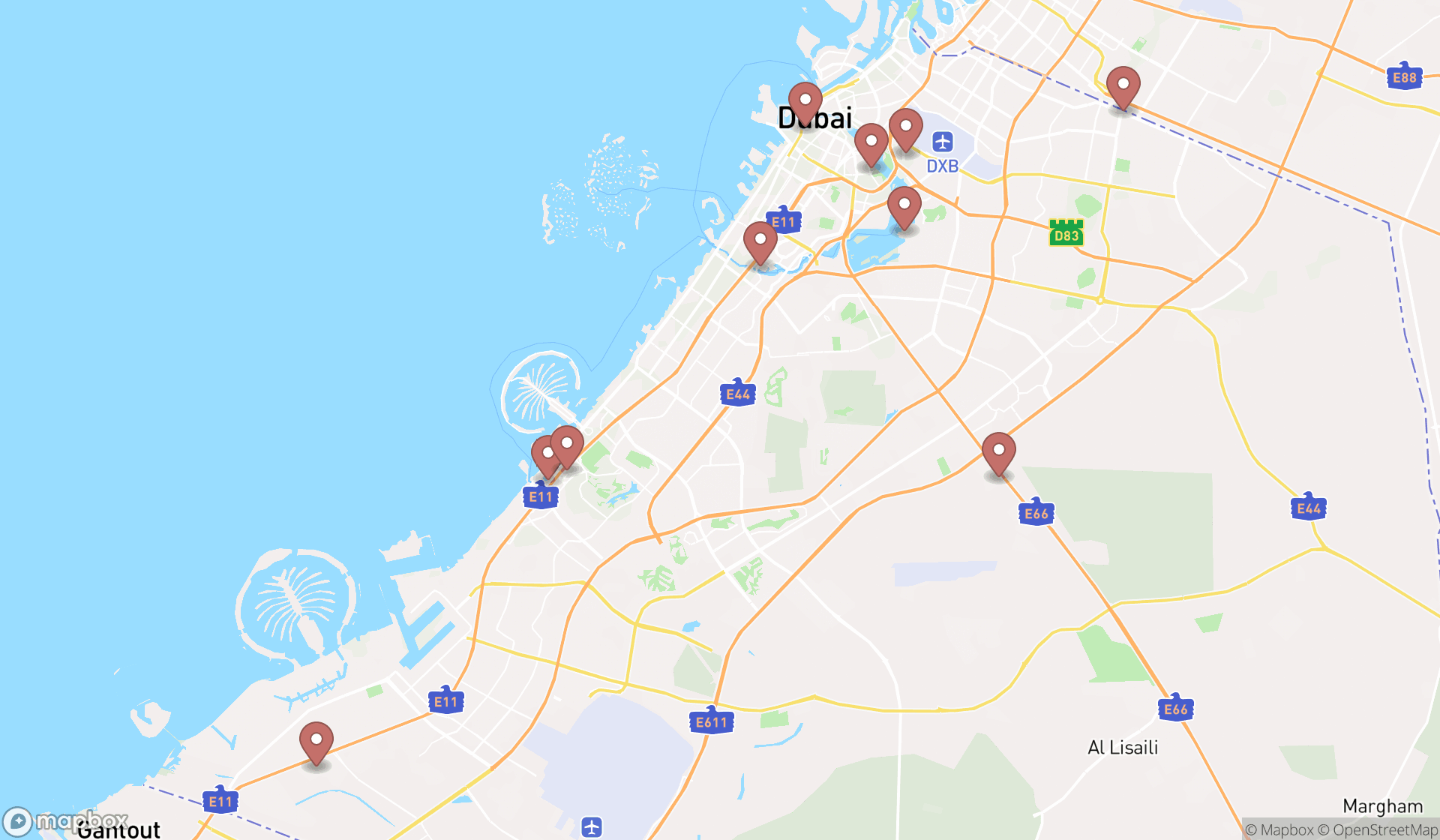 Map showing the ranked free parking lots in Dubai, Dubai