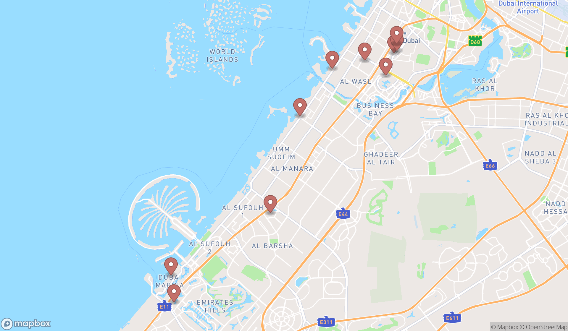 Map showing the ranked french restaurants in Dubai, Dubai