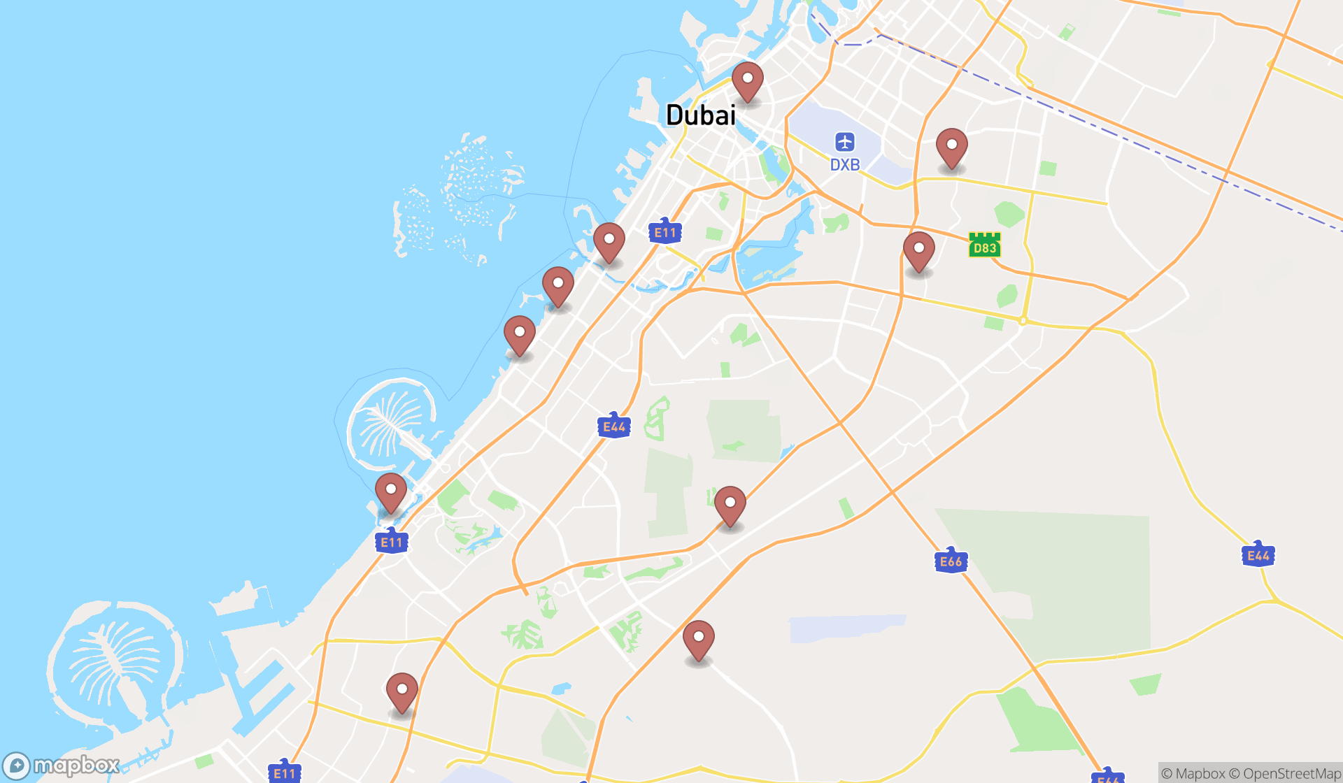Map showing the ranked fried chicken takeaways in Dubai, Dubai