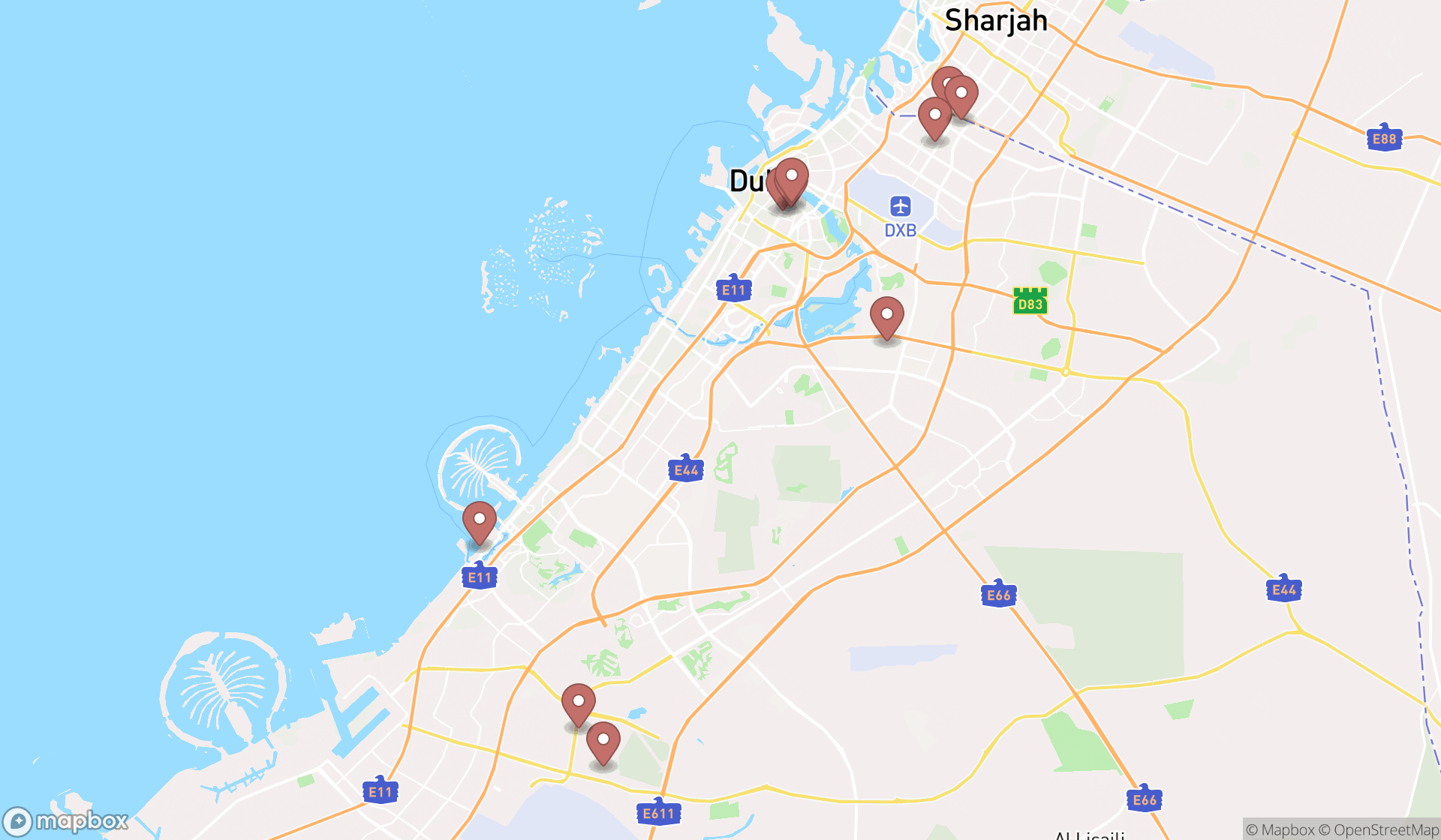 Map showing the ranked frozen food stores in Dubai, Dubai