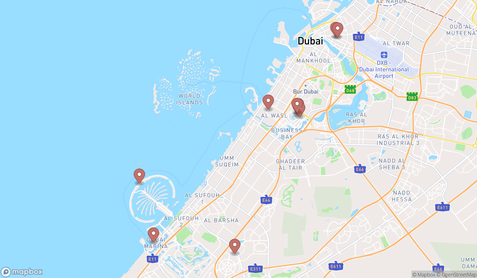 Map showing the ranked frozen yogurt shops in Dubai, Dubai
