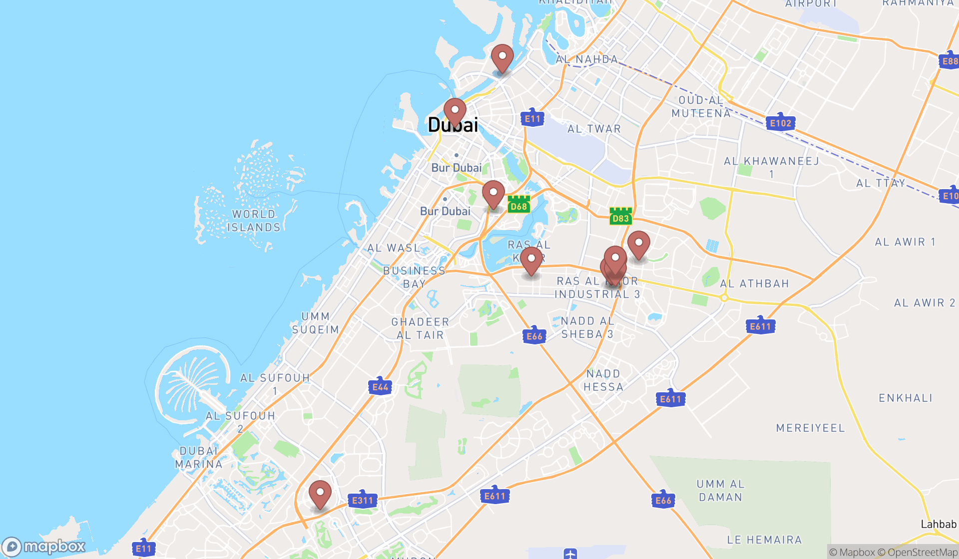 Map showing the ranked fruit and vegetable stores in Dubai, Dubai