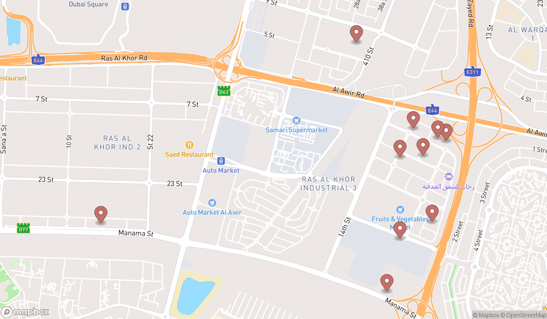 Map showing the ranked fruit and vegetable wholesalers in Dubai, Dubai