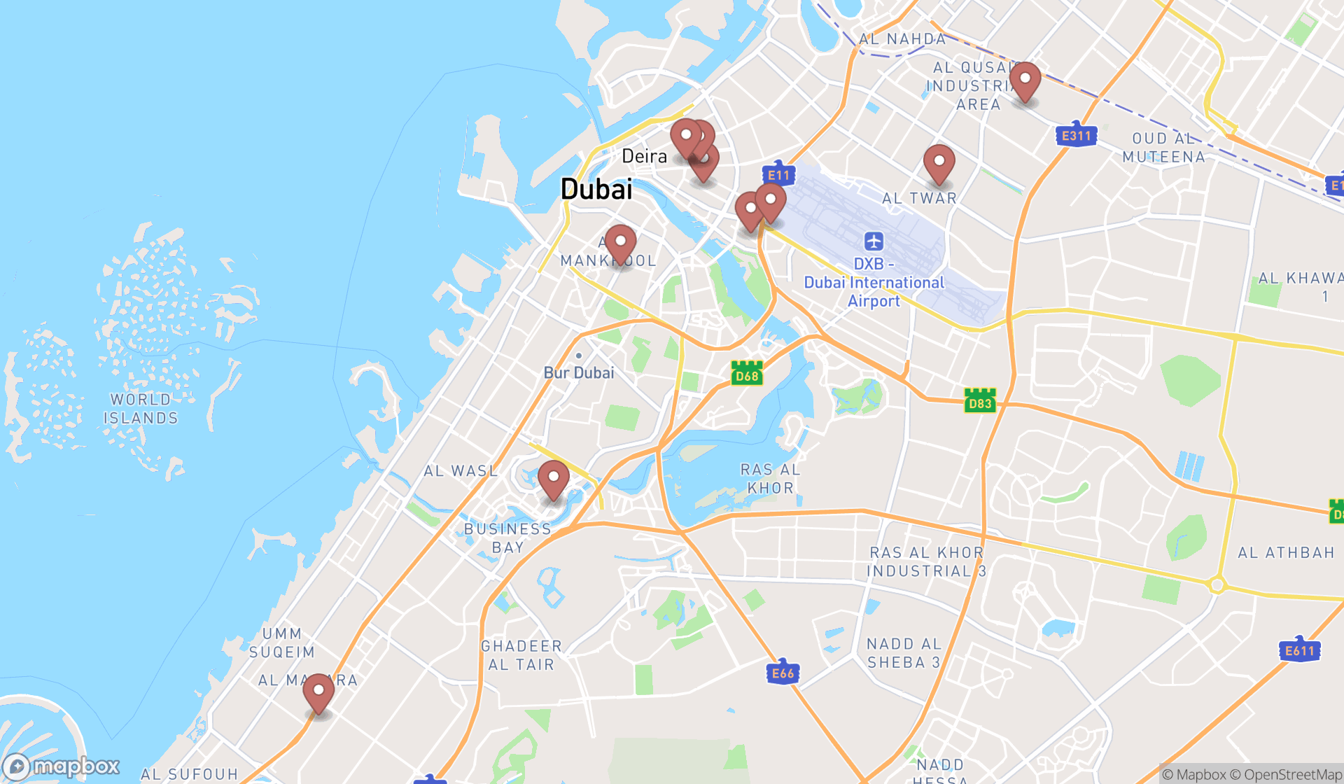 Map showing the ranked funeral homes in Dubai, Dubai