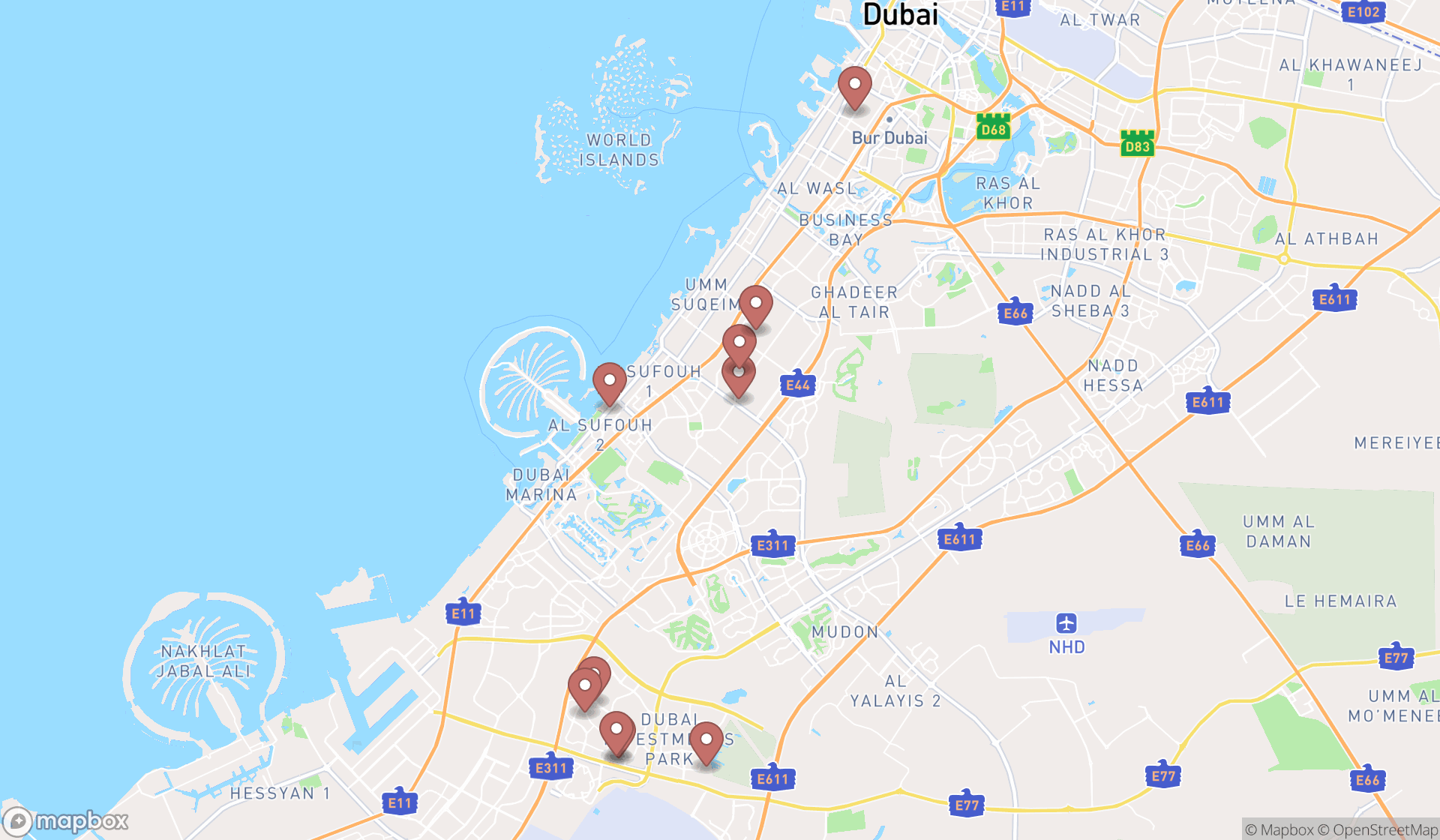 Map showing the ranked furniture rental services in Dubai, Dubai