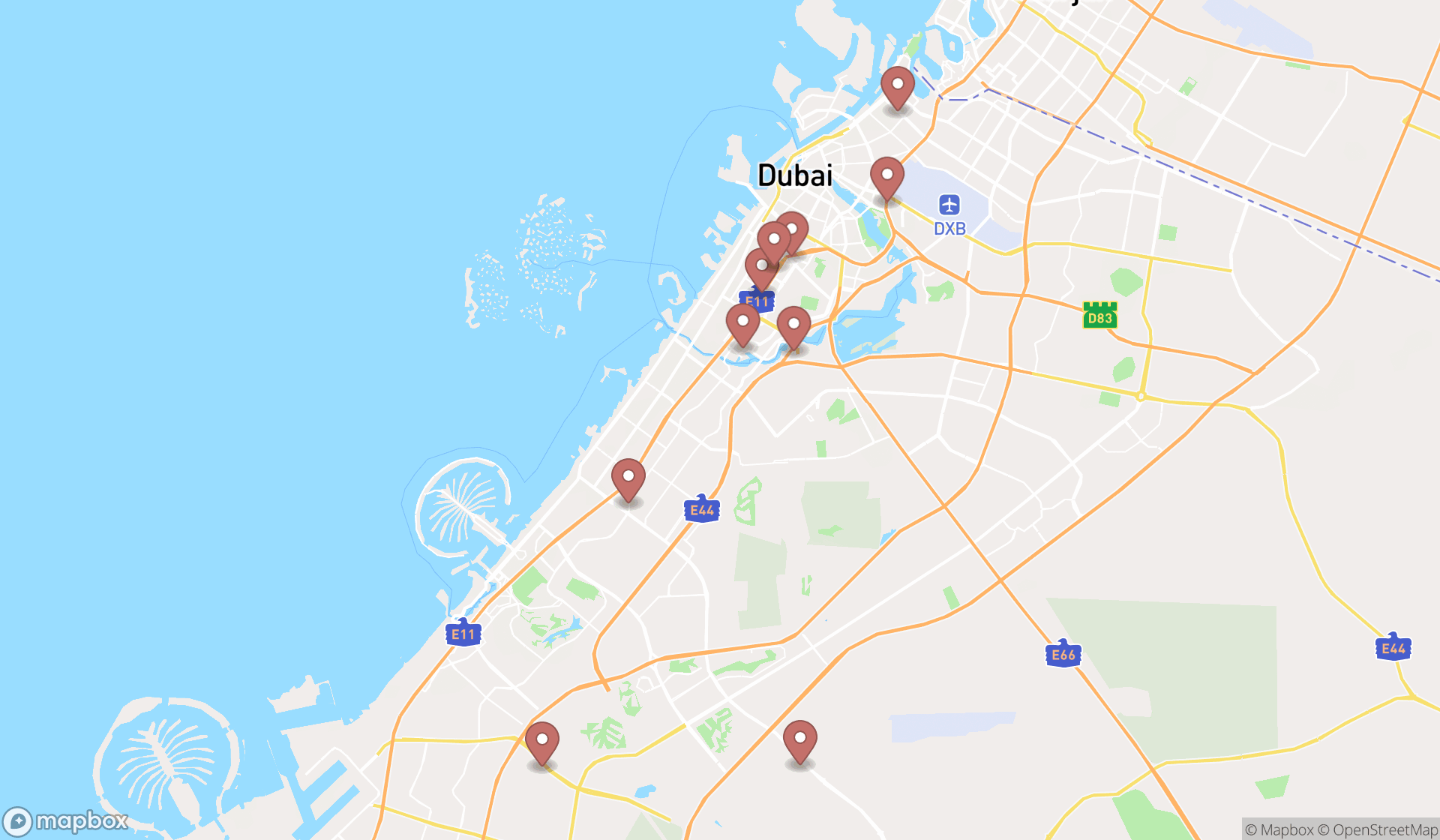 Map showing the ranked fusion restaurants in Dubai, Dubai