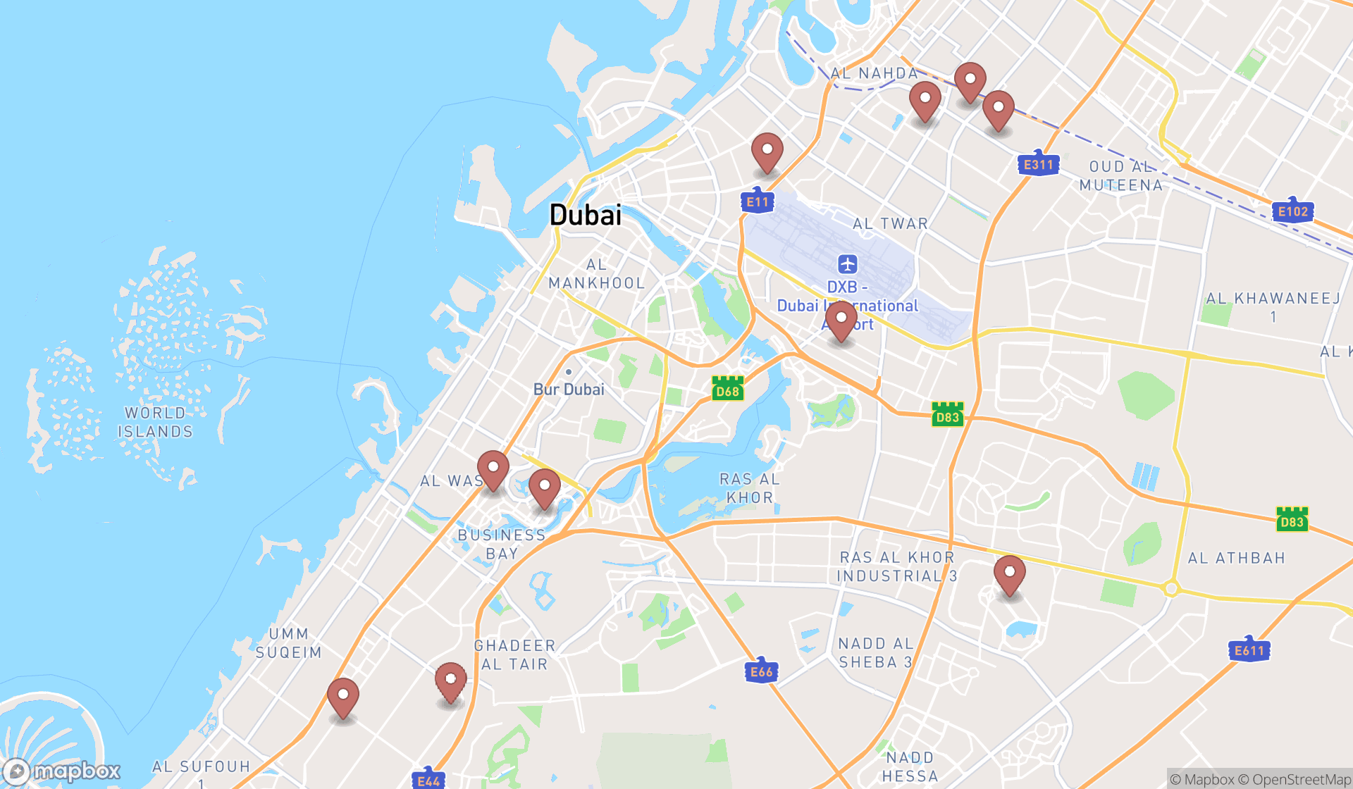 Map showing the ranked garage door suppliers in Dubai, Dubai