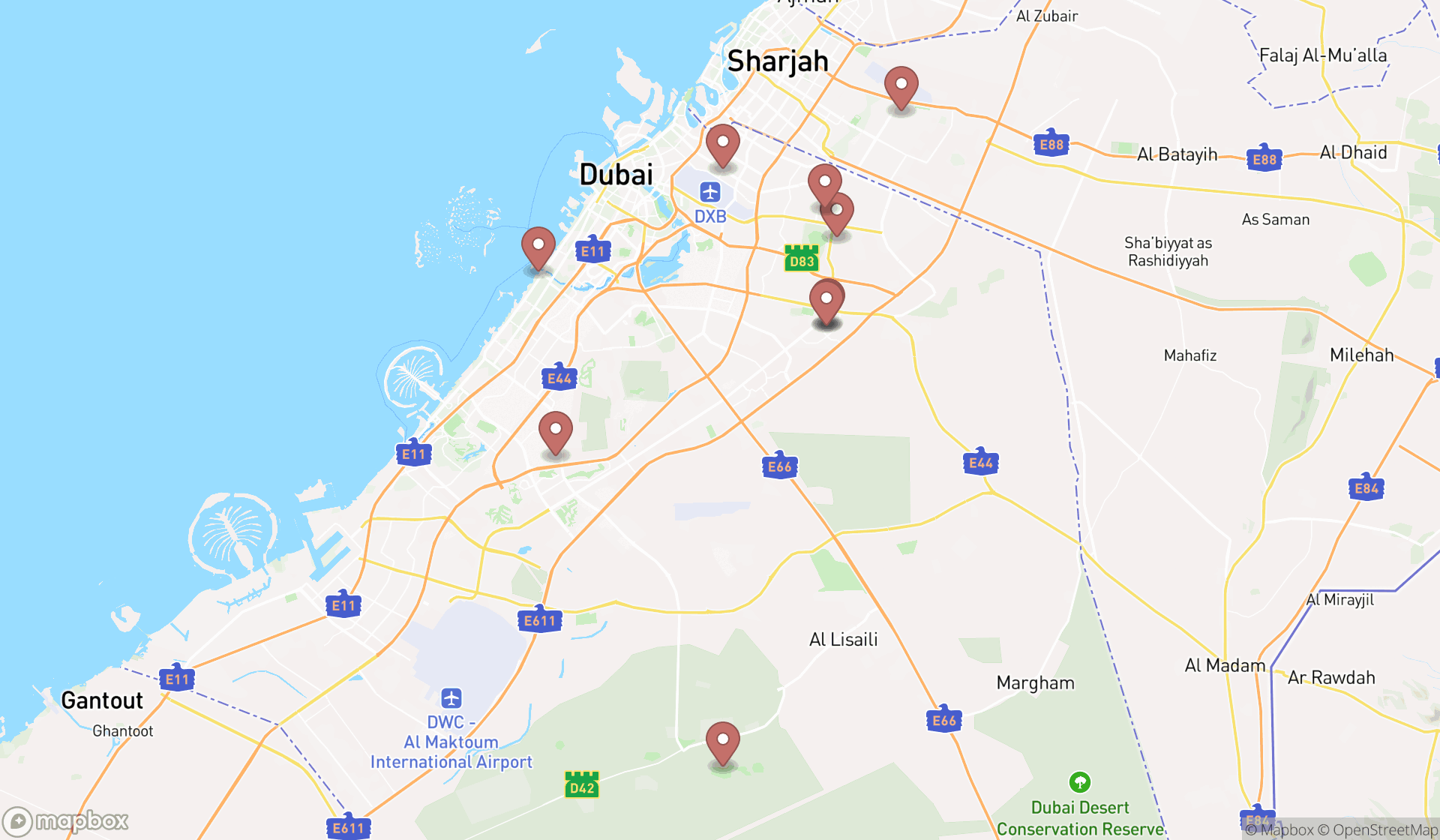 Map showing the ranked gardens in Dubai, Dubai