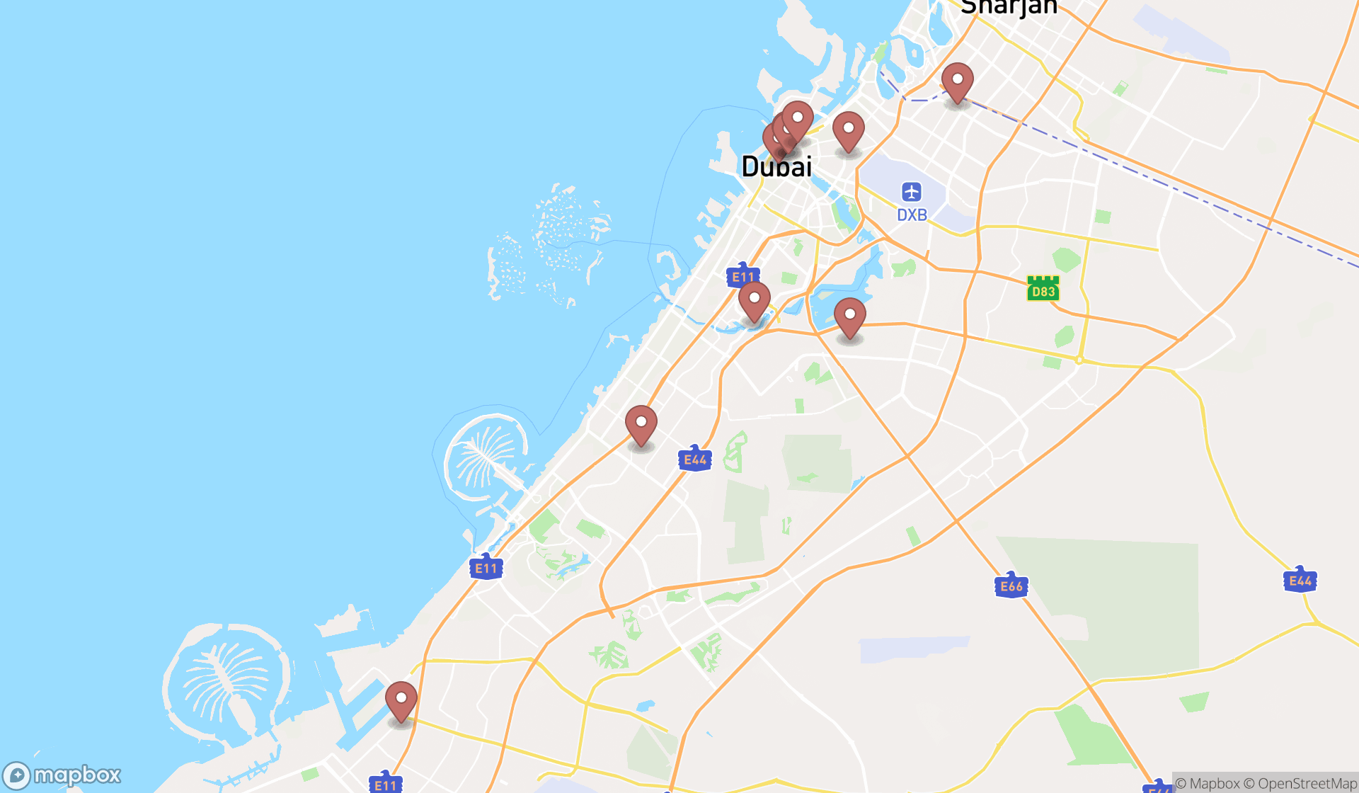 Map showing the ranked garment exporters in Dubai, Dubai