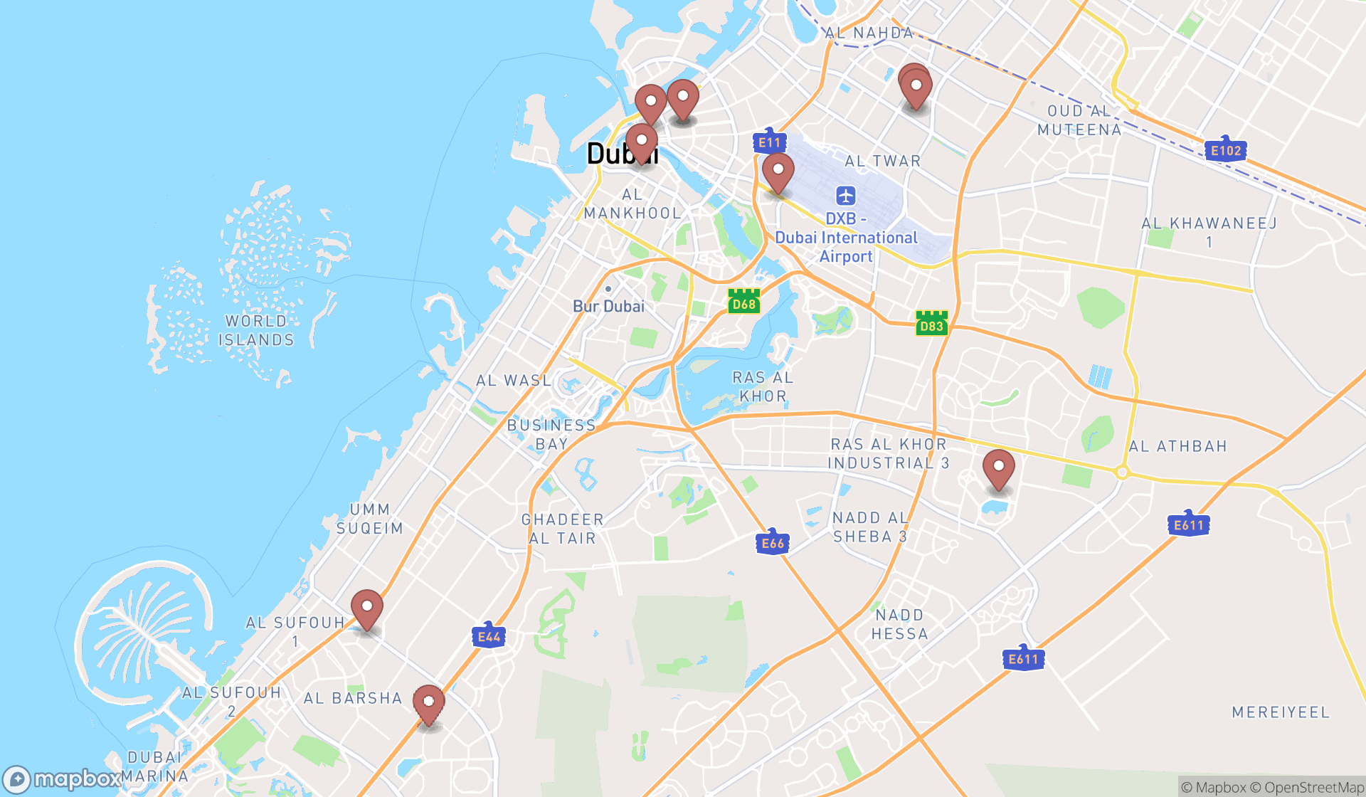 Map showing the ranked gas shops in Dubai, Dubai